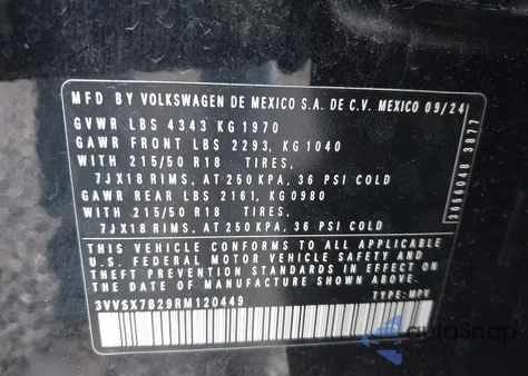 2024 Volkswagen Taos 1.5T Se из США, поврежденный, VIN 3VVSX7B29RM120449